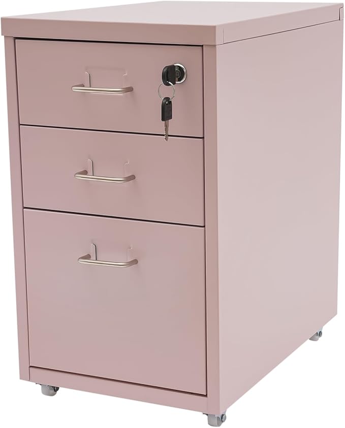 3-Tier Metal File Cabinet with Wheels Lockable Drawers Cold-Rolled Steel Filing Cabinet Under Desk for Home Office/Study/Dresser StoragePink