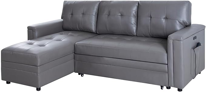 Naomi Home L-Shaped Sectional Sleeper Sofa with USB Ports - Convertible Pull-Out Bed Ample Storage Timeless Design Durable Construction Gray/Air Leather