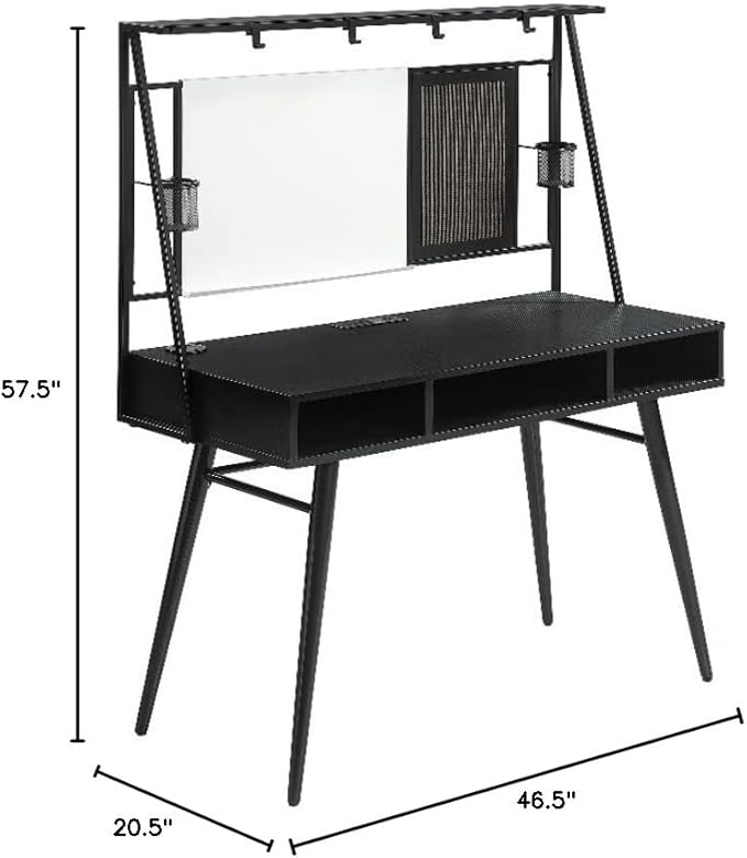 Pemberly Row Wood Writing Desk 57.5 H x 46.5 W x 20.5 D Black and Gunmetal Finish USB Ports Wireless Charger Whiteboard Modern Space-Saving Design Multifunctional Home Office Desk with