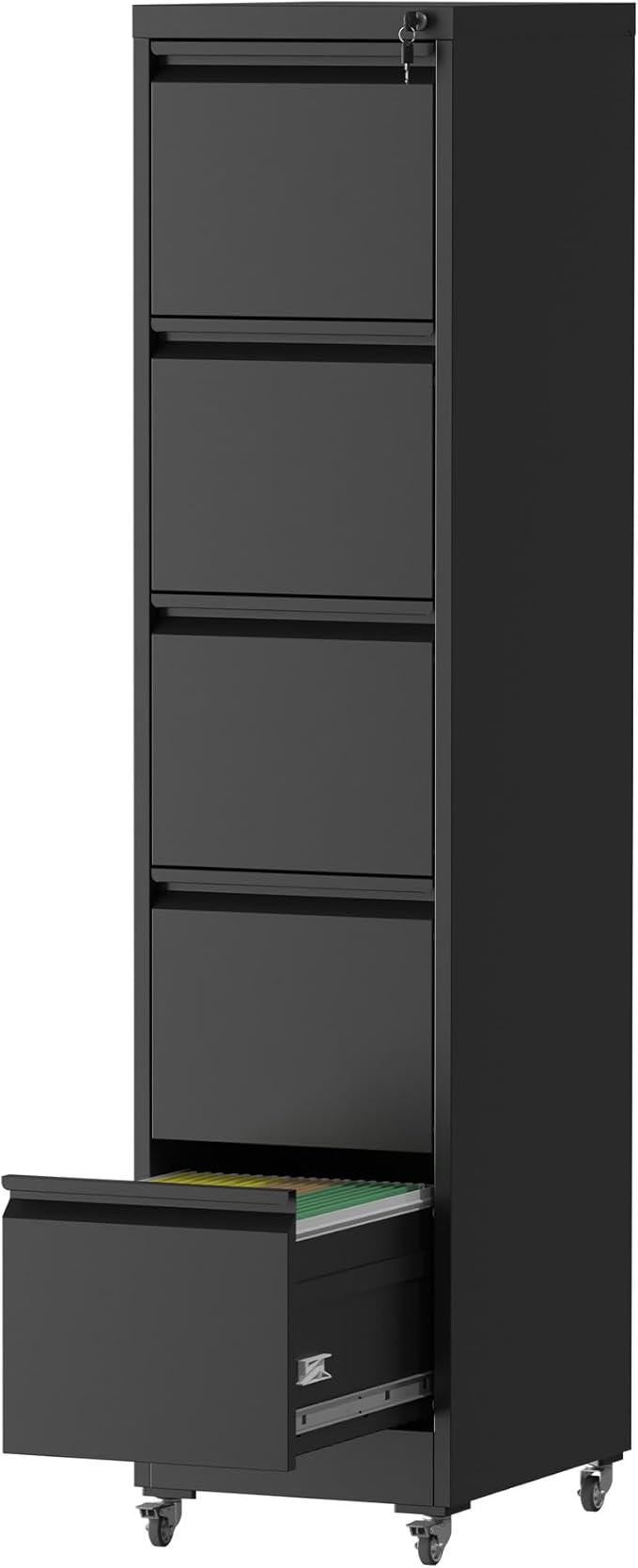 5 Drawer Small File Cabinet with Lock on Wheels Under Desk Storage Cabinet Organizer for Home Office Heavy Duty Filing Cabinets for A4 Letter Legal Size FilesBlack