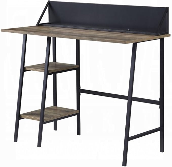 Rustic Oak and Black 2-Shelf Computer Writing Work Study Desk with H-Shaped Base for Study and Home Office