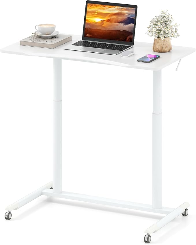 Tangkula Mobile Standing Desk C-Shaped Sit Stand Desk with Adjustable Height Lockable Wheels &amp Metal Frame Rolling Laptop Desk Portable Computer Workstation for Small Space