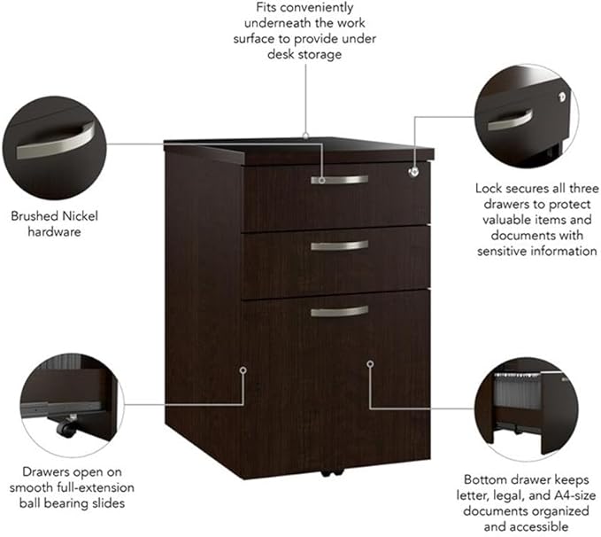 Pemberly Row 3 Drawer Mobile File Cabinet Mocha Cherry Finish Engineered Wood Rolling Office Storage with Lock Ball Bearing Slides Fits Under Desk 16W x 20D x 25H
