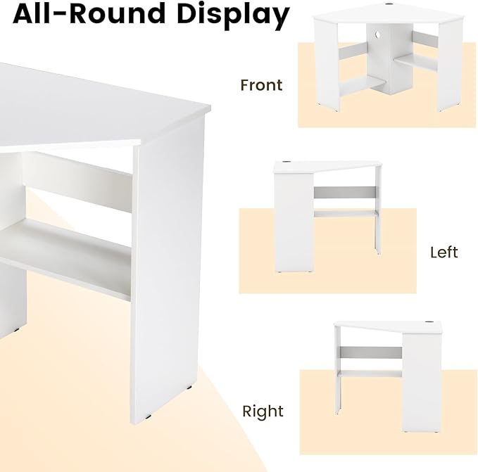 HOMGX Corner Computer Desk Triangle Desk with Storage Shelves Small Corner Desk for Small Spaces Corner Vanity Desk for Home Bedroom Living Room Office (White)