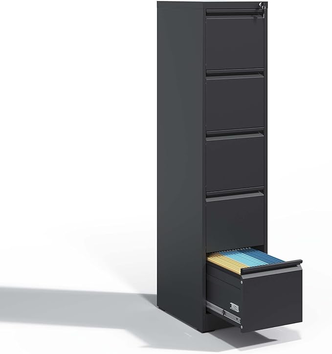 5 Drawer Small Metal Vertical File Cabinet with Lock Under Desk Storage OrganizerFiling Cabinets for HomeOffice Locking Drawers for A4 Legal/Letter SizeBlack
