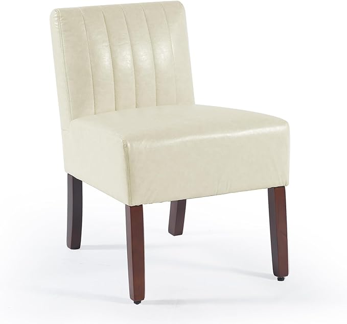 Armless Accent Chairs Upholstered Bedroom Chairs Living Room Chairs with Solid Wood Leg Leather Reading Chair for Adults Comfy Chair for Bedroom Vanity Kitchen (Beige)