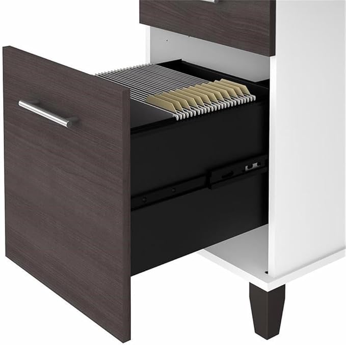 Pemberly Row Wood Sit to Stand L Shaped Desk 72W x 66D Adjustable 3 Position Height White and Gray Finish Engineered Wood Wire Management Office Desk with Drawers