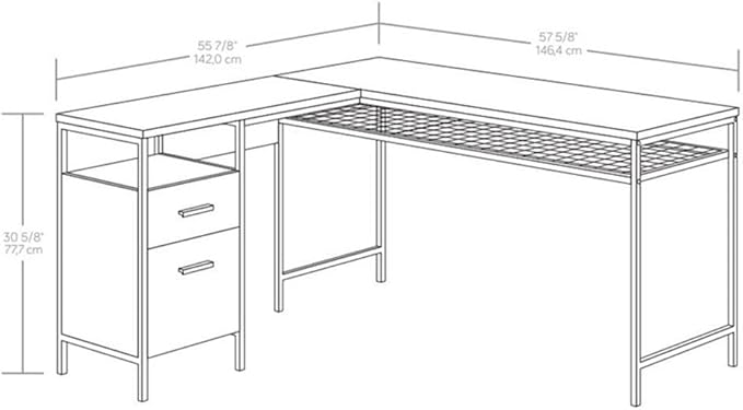 Pemberly Row L-Shaped Engineered Wood and Metal Desk Prime Oak Finish 55.91 in x 57.64 in x 30.59 in Storage Drawers Open Shelves Wire Mesh Shelf Home Office Computer Desk