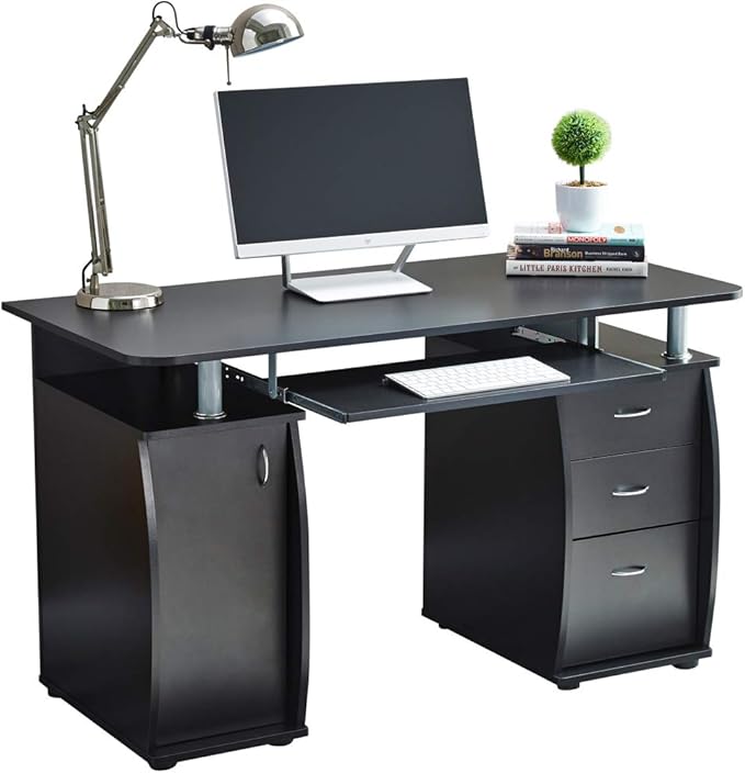 RayGar Black Deluxe Design Computer Desk with Cabinet and 3 Drawers for Home Office Table Workstation - New (Black)