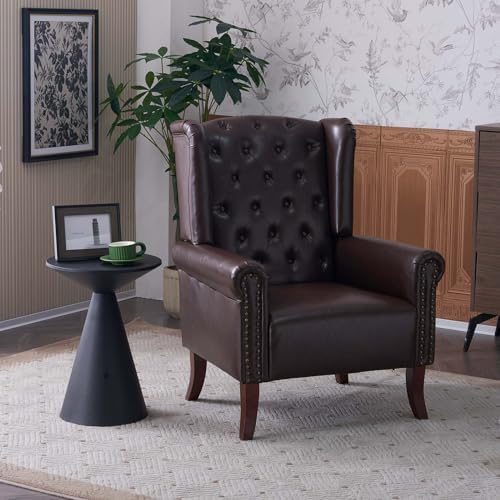 MOJAY PU Leather Accent Chair Mid-Century Living Room Sofa Chair Upholstered Arm Chair with Sturdy Wooden Legs Faux Leather Club Chair for Bedroom Study Home Office Reception (Caramel)