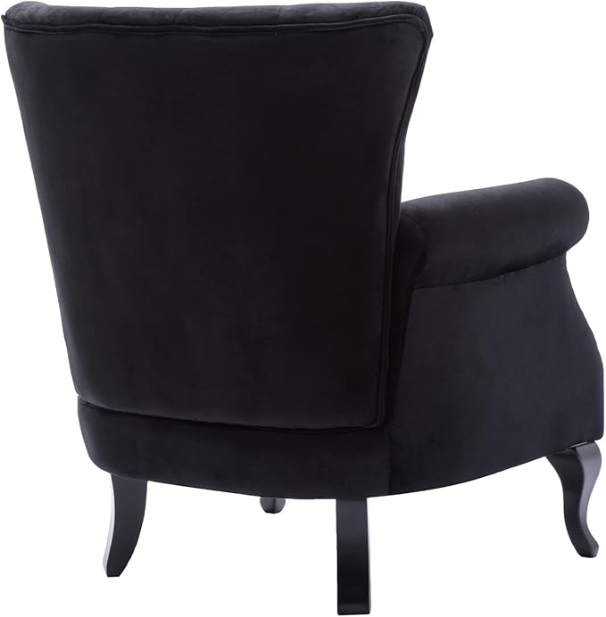 Kmax Velvet Club Chair Tufted Throne Mid Century Accent Wingback Chair with Ottoman Padded Seating Wood Legs Home Club Bedroom Living Room Black