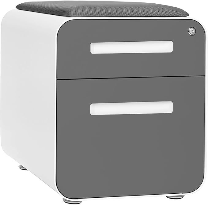 Laura Davidson Furniture STOCKPILE Mini Seated 2 Drawer Mobile File Cabinet with Removable Magnetic Cushion Seat - Short Version Metal Filing Cabinet Pre-Assembled Dark Grey Face with Grey Cushion