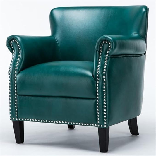 Pemberly Row Modern Club Accent Chair Teal Green Faux Leather Upholstery Hardwood Frame Chrome Nailhead Trim Solid Wood Legs No Assembly Comfortable Seating for Living Room Bedroom or Office