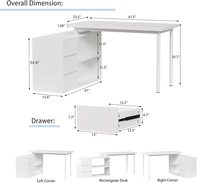 L Shaped Computer Desk 47 Inch Home Office Desk with File Drawers &amp Storage Shelves Small Corner Computer Desk for Small Space (White)