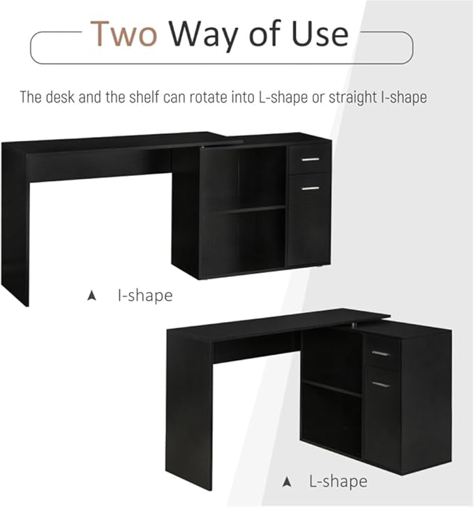 Home Office Computer Desk Corner Desk with 2 Drawers and 2 Shelves 46 Inch Large L-Shaped Study Writing Table with Storage Cabinet - Black