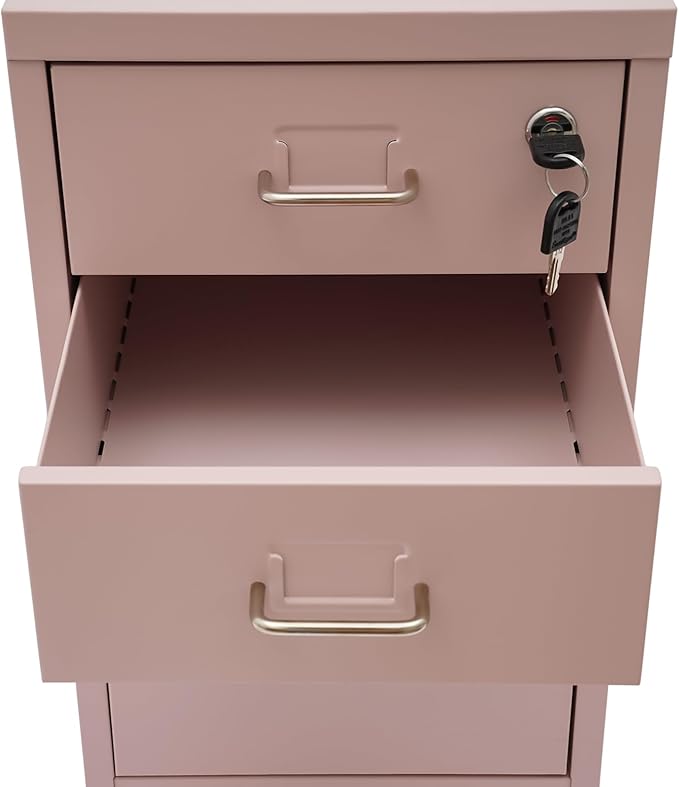 3 Drawer Mobile File Cabinet Office Metal Filing Cabinet Pink Mobile Filing Cabinets with Lock Wheels for Home Office Letter/A4 Sizer