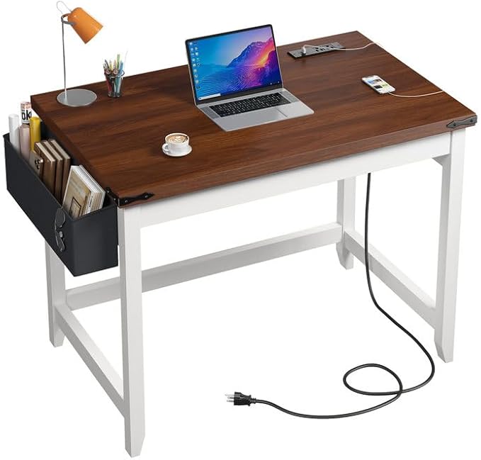 EnHomee 32 Inch Small Desk with Storage Bag Detachable Gaming Desk with Power Outlet Modern Simple Home Office Desk and Writing Desk for Small Spaces Study Desk for Bedroom Brown &amp White