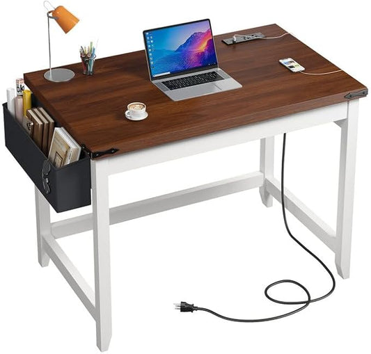 EnHomee 32 Inch Small Desk with Storage Bag Detachable Gaming Desk with Power Outlet Modern Simple Home Office Desk and Writing Desk for Small Spaces Study Desk for Bedroom Brown &amp White