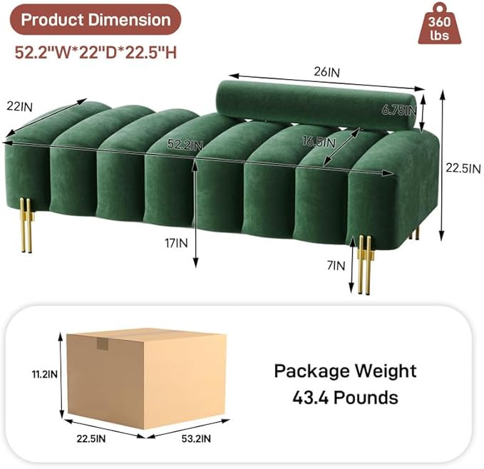 Small Loveseat Sofa Couch 52.2 Modern Velvet Mini Couch for Bedroom with Golden Legs Upholstered Settee Bench with Adjustable Back for Living Room Office Compact Space Emerald Green