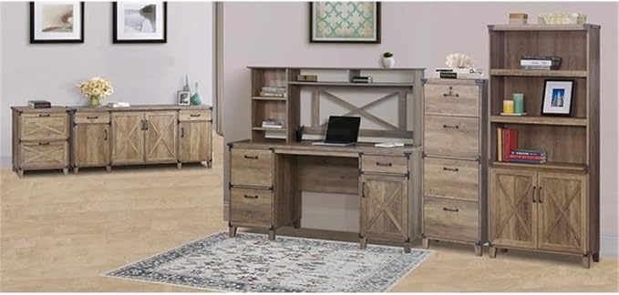 Pemberly Row Farmhouse Engineered Wood Executive Desk Rustic Oak Finish 59.4 W x 23.8 D x 29.7 H Spacious Storage with File Drawers Accessory Drawer Cabinet Home Office Furniture