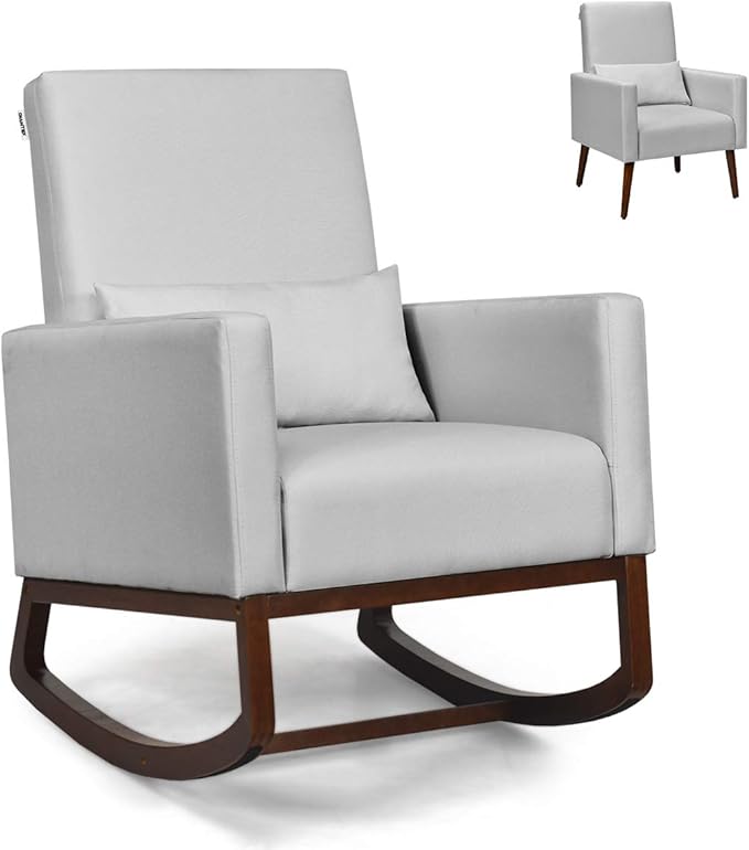 Giantex Rocking Chair Fabric High Back Armchair with Waist PillowWooden Tapered &amp Rocking Dual Legs Multifunctional Upholstered Accent Chair for Nursery Living Room Bedroom Rocker(1 Sliver)