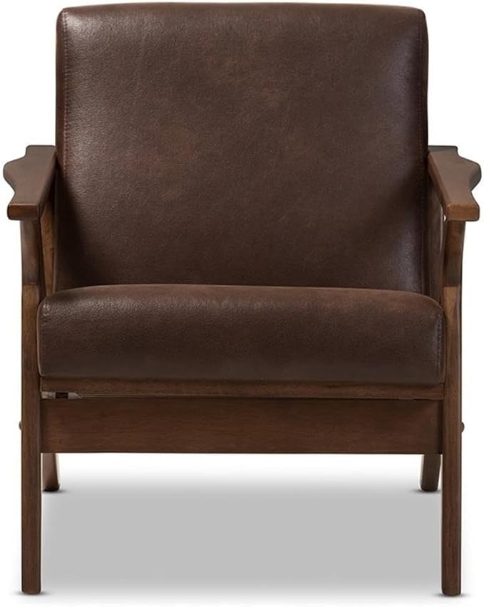 BOWERY HILL Faux Leather Accent Arm Chair Brown Distressed Upholstery Rubber Wood Frame Mid-Century Modern Style Removable Cushions 29.53'' H x 27.95'' W x 33.07'' D Living Room Seating