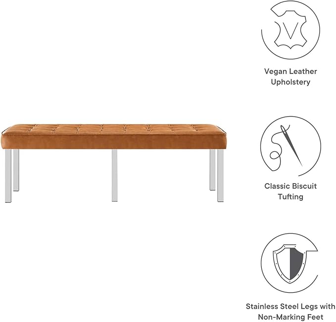 Modway Loft Tufted Button Faux Leather Upholstered Large Accent Bench in Silver Tan