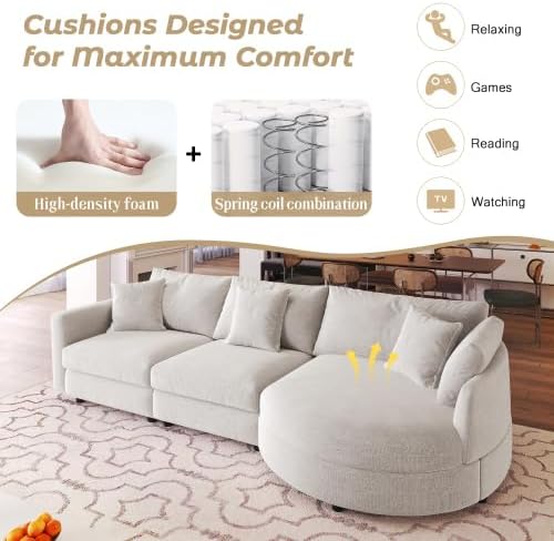 105 Chenille Fabric 3-Piece Sectional Sofa with Curved Chaise and 3 Throw Pillows 3-Seat Upholstered Couch with Solid Pine Wood Frame Perfect for Living Rooms Offices and Apartments (Beige-05)