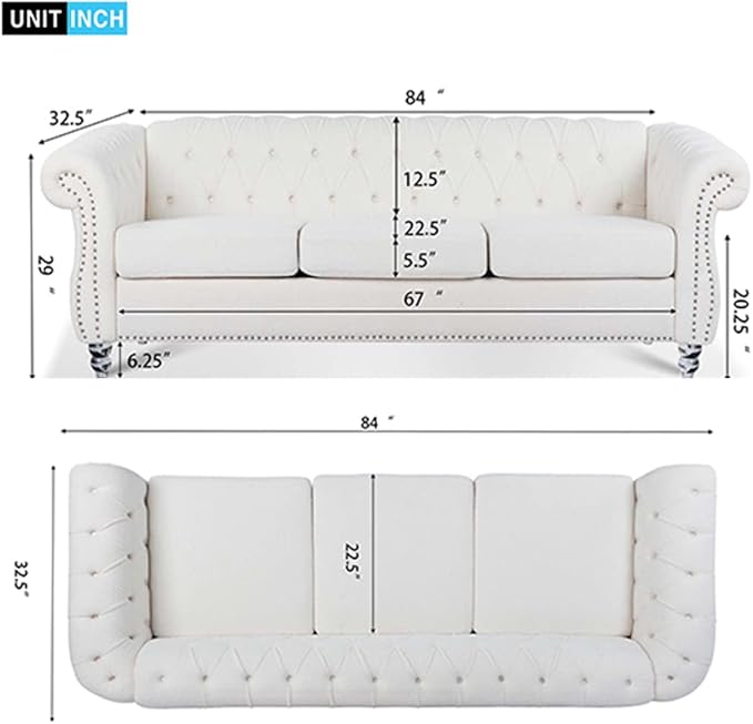 84 Modern Chesterfield Fabric Couch Rolled Arm Tufted Back 3 Seater Sofa Upholstery Nailhead Trim Couches for Living Room Office (White)
