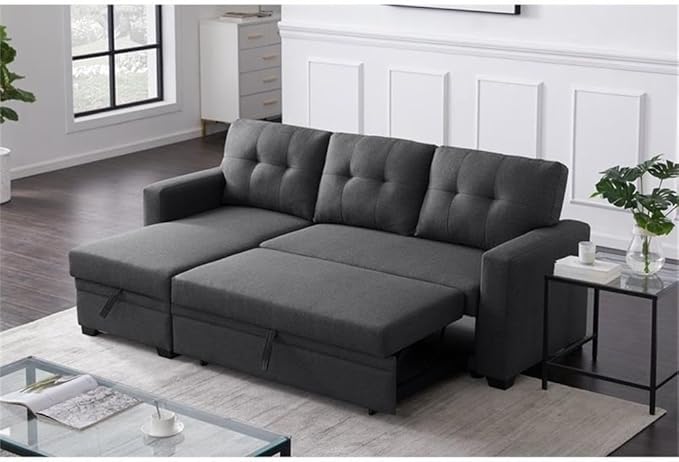 Devion Furniture L-Shaped Polyester Fabric Reversible Easy Convertible Pull-Out Sleeper Sectional Sofa/Storage Chaise with Tufted Back Cushions and Track Arms in Dark Gray