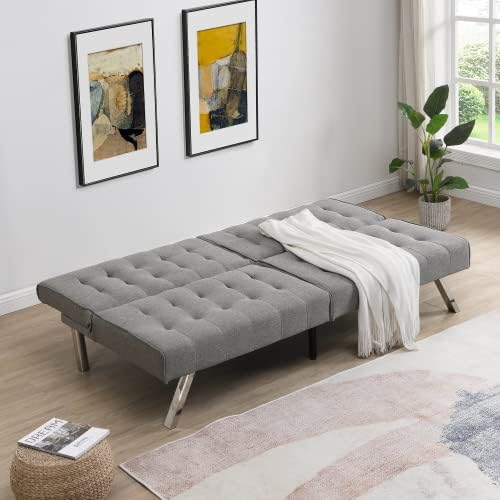 Convertible Futon Sofa Bed Modern 68'' Fabric Sleeper Couch for Living RoomGuest Bed Adjustable Backrest Upholstered Recliner Chair Loveseat for Compact Small Space Living Room (Gray New)