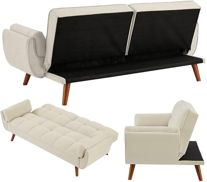 Convertible Sofa Bed Folding Loveseat Couch Modern Futon Recliner Sleeper with Adjustable Backrest Beige