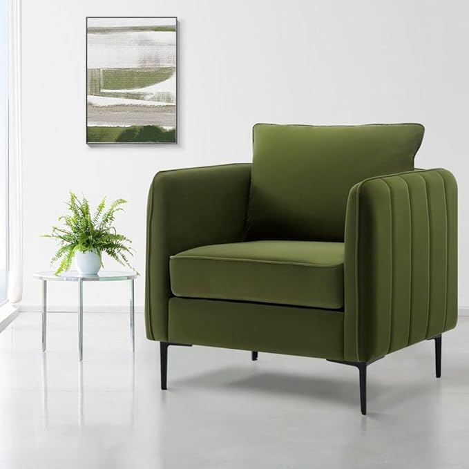 Velvet Accent Chair Mid-Century Modern Armchair with Metal Legs Single Sofa Chair for Living Room Bedroom Office Reading Includes Pillow (Green + Steel + Velvet + Wood + 1 Seat + Foam)