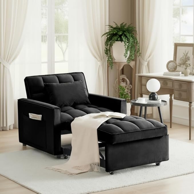 3 In 1 Velvet Convertible Sofa Bed Pull Out Couch Bed with Reclining Backrest And 2 Pillows 54 Full Size Loveseat Sleeper Sofa Futon Couch Bed Couches For Small Spaces Living Room (Black②)