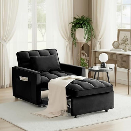 3 In 1 Velvet Convertible Sofa Bed Pull Out Couch Bed with Reclining Backrest And 2 Pillows 54 Full Size Loveseat Sleeper Sofa Futon Couch Bed Couches For Small Spaces Living Room (Black②)