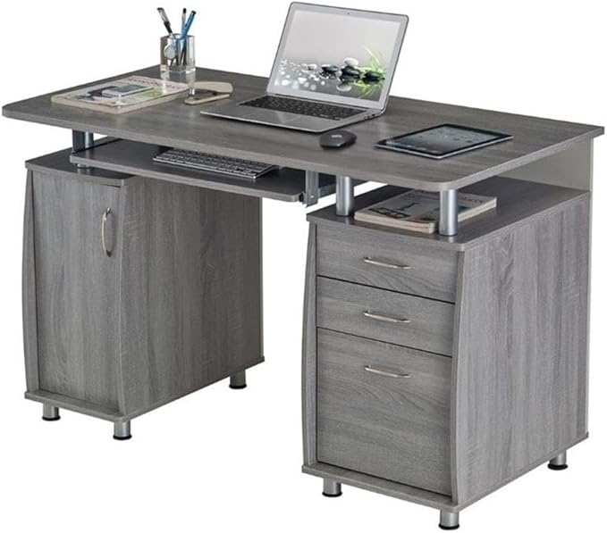 Pemberly Row 48 Wide Home Office Computer Desk in Gray with CPU Storage Cabinet and Hanging File Cabinet Grey