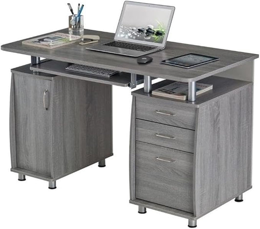 Pemberly Row 48 Wide Home Office Computer Desk in Gray with CPU Storage Cabinet and Hanging File Cabinet Grey