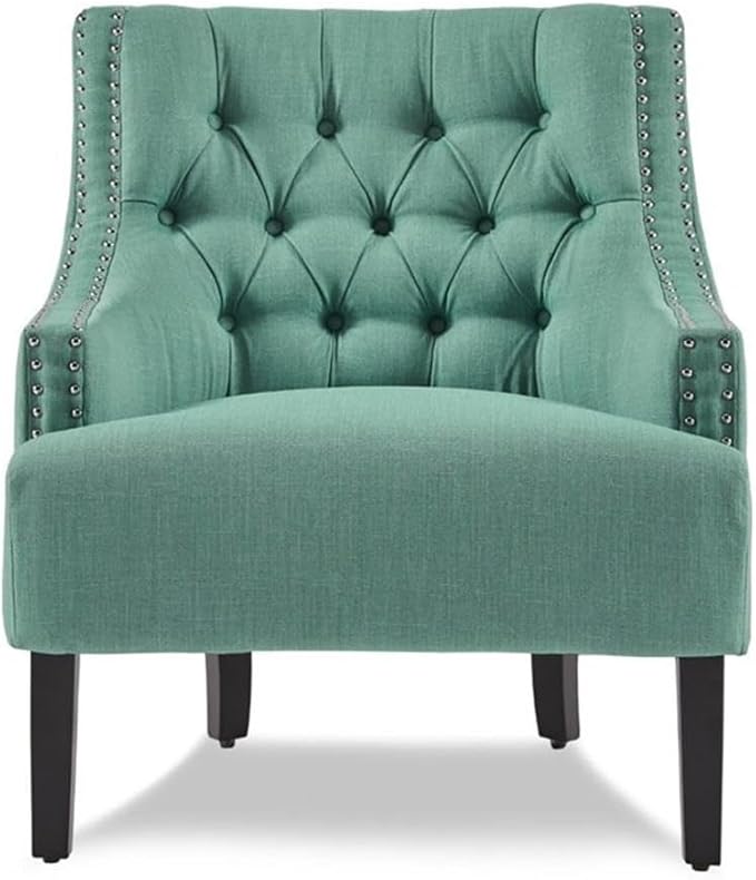 Pemberly Row Upholstered Accent Chair Teal Fabric Solid Wood Frame Button-Tufted Back Nailhead Trim Espresso Finish Legs 34.75 H x 28 W x 30.25 D Modern Traditional Living Room Seating