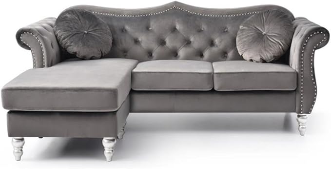 MAKLAINE Modern Velvet Sofa Chaise 81 W x 35 D x 34 H Dark Gray Finish Tufted Back and Arms Hardwood Frame Turned Wood Feet Includes 2 Matching Pillows Living Room Seating for Up to 4