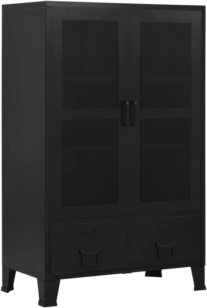 Industrial Steel File Cabinet with Mesh Doors 29.5x15.7x47.2 Black Office Storage Cabinet with 3 Compartments &amp 2 Drawers for Home Office Organization