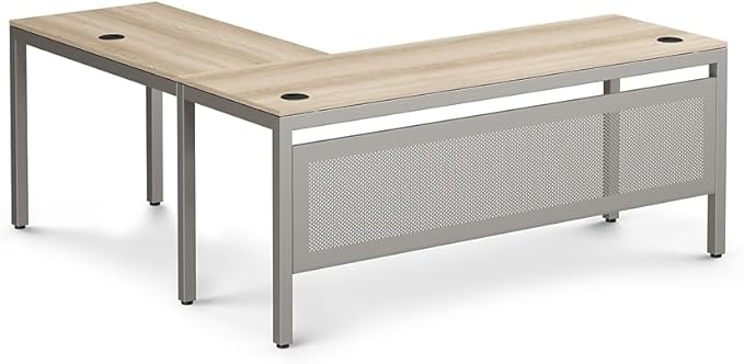 NBF Reversible L-Shaped Executive Office Desk - Durable Espresso Laminate Computer Desk with Steel Frame - At Work Modern Desk with 3 Grommet Holes - 60 W x 60 D W Office Work Desk (Tan)