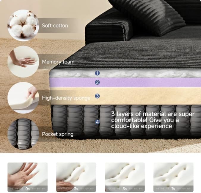 105 Cloud Modular Boneless Couch Left Facing L-Shaped Chaise Sectional Sofa - No Assembly Required Plush Corduroy &amp Memory Foam for Living Room Bedroom Apartment (Black)