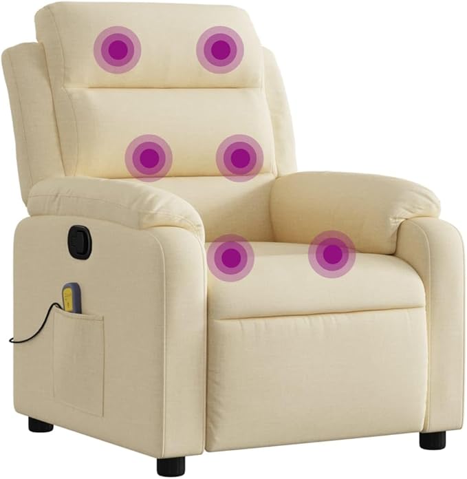 vidaXL Massage Recliner Chair for Elderly - Manual Recline Vibrating Armchair Cream Fabric 135° Tilt Padded Comfort Side Pocket Sturdy Frame