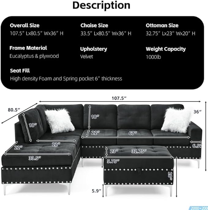 Yoglad 108'' Sectional Couches for Living Room Modular 5-Seater Couch Sofa with Reversible Chaise &amp Cup Holders L-Shaped Corner Sofa with Storage Ottoman for Apartment Office (Velvet Black)