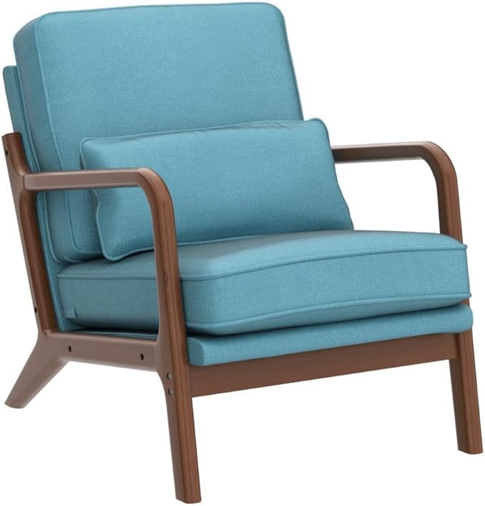 Karl home Accent Chair Mid-Century Modern Chair with Pillow Linen Fabric Upholstered Lounge Arm Chair with Solid Wood Frame &amp Soft Cushion for Living Room Bedroom Balcony Teal