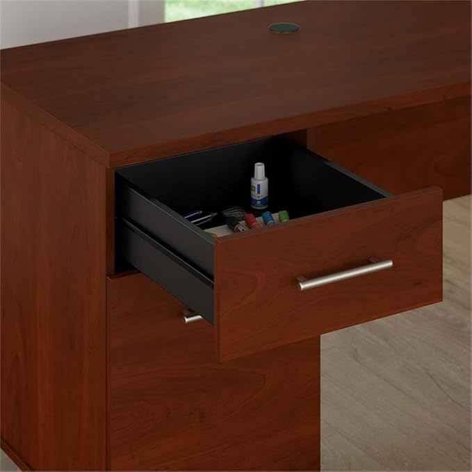 Pemberly Row 72W Office Desk with Hutch Hansen Cherry Finish Engineered Wood Includes File Drawer Frosted Glass Doors Adjustable Shelves Home Office Desk and Storage Solution