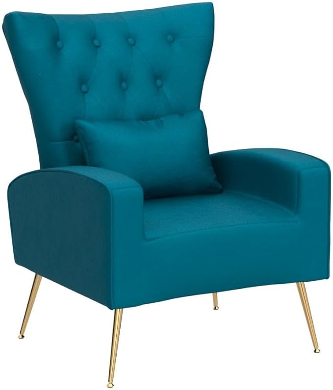 Button-Tufted Living Room Chairs Set of 2 WingBack Velvet Accent Chair Armchair with Lumbar Pillow Bedroom Chairs Vanity Chair Arm Chair with Golden Legs Teal