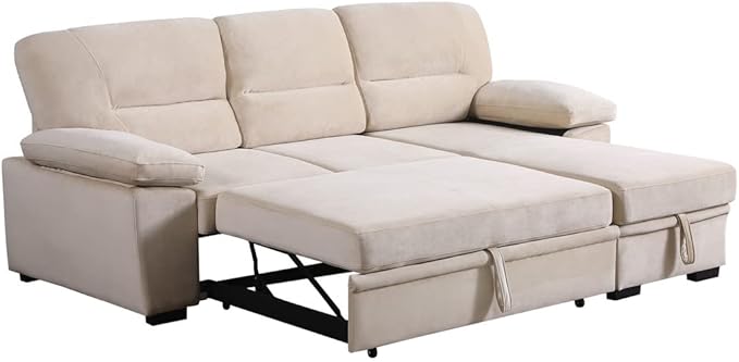 Lilola Home Kipling Beige Velvet Fabric Reversible Sleeper Sectional Sofa Chaise