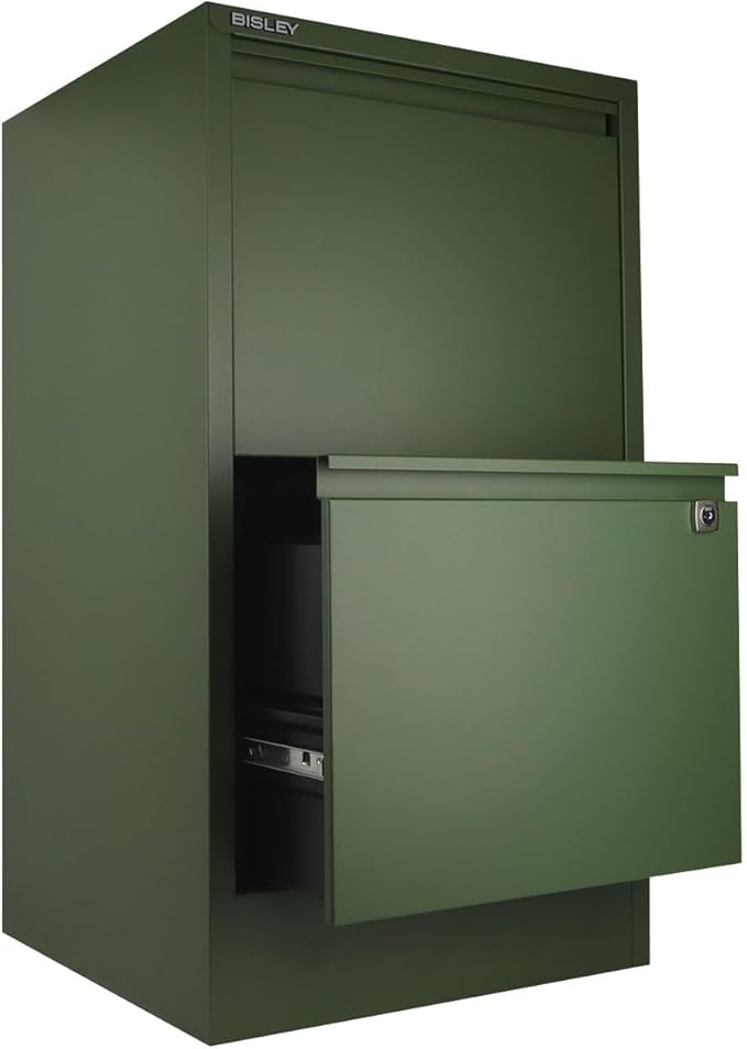 Bisley 2-Drawer Flush Front Vertical File Cabinet - Olive Green 2 Hanging File Drawers Powder-Coated Steel Locking Drawers
