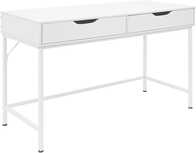 47in White Modern Desk with 2 Drawers Iron Frame 154lb Capacity Compact Writing Table for Home Office Study and Bedroom